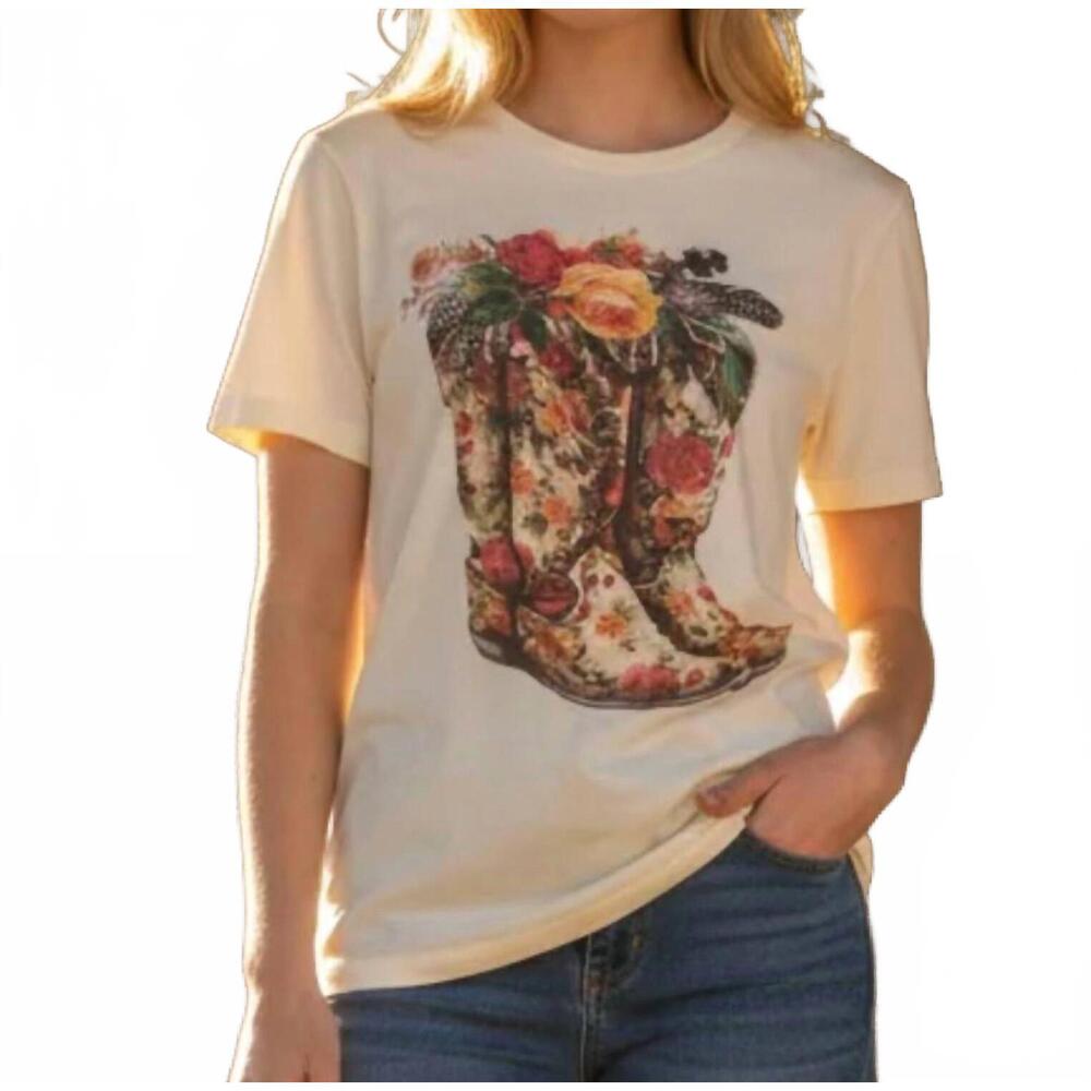 NEW BLING A GOGO floral boots with rhinestone crew tee in natural